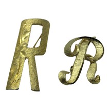 Vintage Mamselle Letter R PIN Initial Monogram BROOCH Gold tone Ribbon lot of 2 - £8.50 GBP