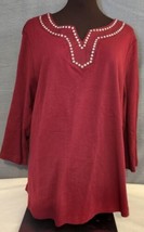 Karen Scott Top Womens XL Wine Red Cotton Studded 3/4 Sleeve Stretch Cas... - $14.95
