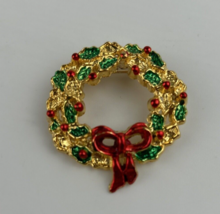 Vintage Brooch  Christmas Wreath Pin Goldtone - $9.50