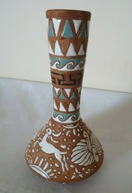 g212 Greek Clay Pottery Vase Deer Stag Gazelle Blue White Etched Signed ... - $39.59