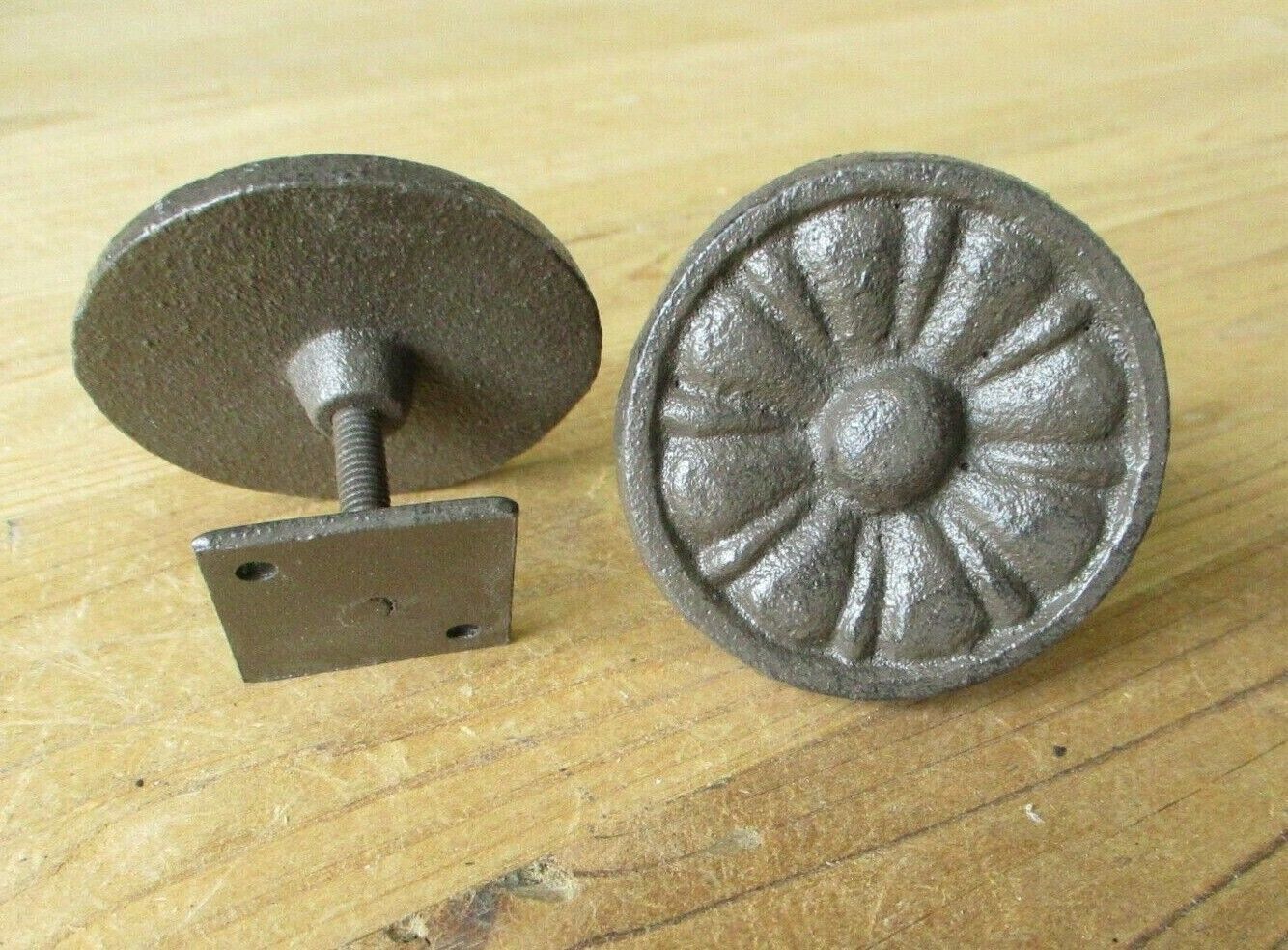 2 Cast Iron Drawer Cabinet Pulls Knobs Cicular W/ Back Plate FANCY Rusti... - $13.99