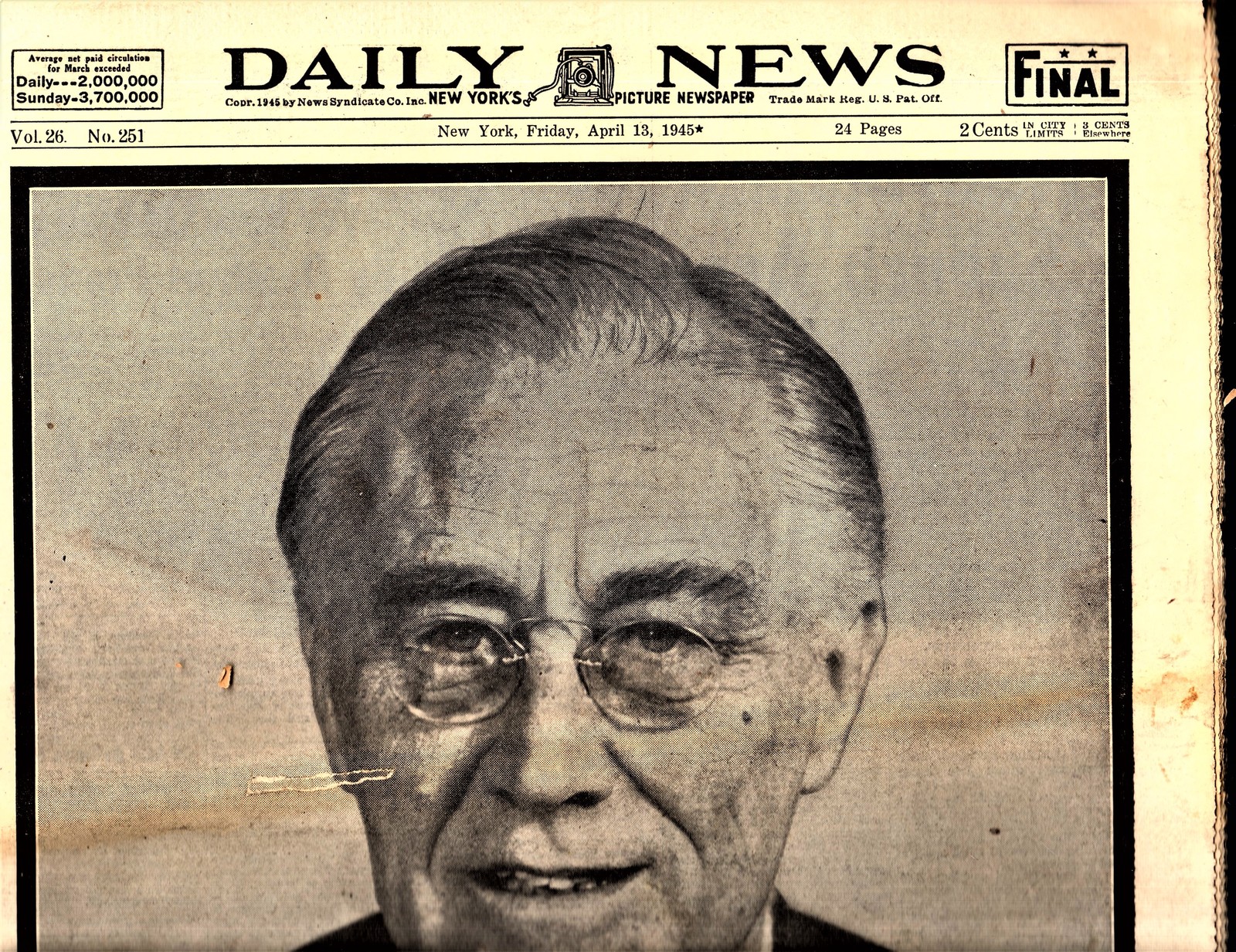 Daily News Newspaper, Friday April 13,1945 - $17.00