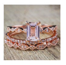 Rose Gold Plated 2CT Brilliant Real Moissanite Trio Bridal Wedding Ring Band Set - £109.09 GBP