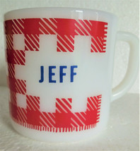 Vintage Westfield Milk Glass Monogram  &quot;JEFF&quot;  Red Plaid Gingham Coffee ... - £19.22 GBP