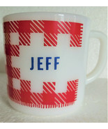 Vintage Westfield Milk Glass Monogram  &quot;JEFF&quot;  Red Plaid Gingham Coffee ... - £19.03 GBP
