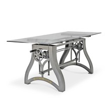 Crescent Writing Table Desk - Adjustable Height Metal Base - Glass Top - £3,577.41 GBP