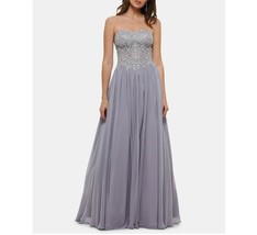 Blondie Nites Junior Womens 0 Gray Strapless Jewel Embellished Lace Up Gown - $86.22