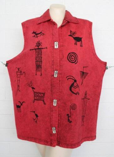 Bfofo XL Rust Black Petroglyphs Tribal Cotton Knit Etched Buttons Tunic ... - $19.80