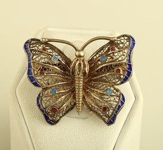 Vintage sterling silver butterfly filigree and enamel brooch Pin - $39.59