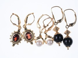3pr Estate 14k gold earrings with garnet, onyx, and pearl - £406.92 GBP