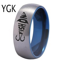 Jewelry Fish and Hooks Design Matte Silver With Blue Tungsten Ring New Men's Wed - £28.81 GBP