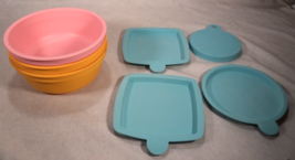 Lot of 7 Dog Pet Plastic Bowls and Silicone Martha Stewart Food Lids Wat... - $10.84