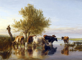 Framed Canvas Art Print Painting Thomas Cooper An Evening In September Cow Farm - £31.13 GBP+