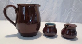 Vtg Denby Homestead brown blue 1 pint pitcher &amp; mustard jars England - £31.45 GBP