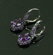 4Ct Oval Cut Purple Amethyst Halo Drop/Dangle Earrings 14K White Gold Finish - $97.31