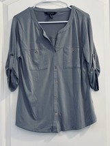 Shirt Medium Gray Ellen Tray Top Front Pockets Ruched Sleeve - $13.89