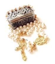 White Real Pearl Rose Gold Beads Catholic Rosary Cross Box - $329.20