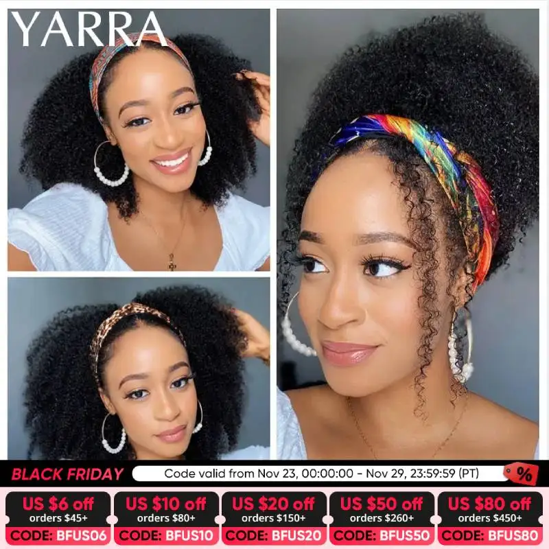 Headband Wig Human Hair Afro Kinky Curly Glueless Brazilian Remy Hair Afro Kinky - £52.52 GBP+