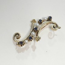 14K Yellow Gold Vintage 5 Sapphire 4 Pearl Pin Brooch Pendant 6.8g 1-5/8&quot; x 5/8&quot; - £393.04 GBP
