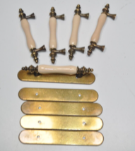 Lot of 5 Vintage National Lock Antiqued Brass &amp; Porcelain Cabinet &amp; Drawer Pulls - £19.83 GBP