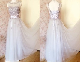 GRAY A-line Embroidery Flower Sweetheart Tulle Gray Bridesmaid Wedding Dresses image 2