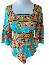 Trina Turk Ladies Designer Top Tunic Blouse Peplum Sleeve Silk Colorful Euc 4 - £59.86 GBP