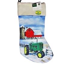 John Deere Green Tractor Christmas Stocking Red Farm Barn Silo Winter Sn... - $26.00