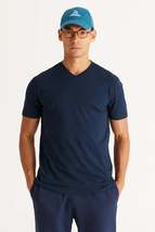 Men&#39;s Navy Blue Slim Fit Slim Fit V-Neck Cotton V-Neck Short Sleeved T-S... - £15.72 GBP