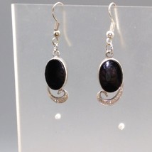 Vintage Black Onyx Dangle Earrings with Sterling Silver Filigree Drop, Bezel Set - £30.25 GBP