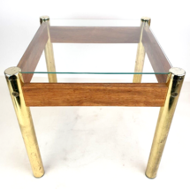 Mid-Century Modern Brass/Wood Side End Table w/Glass Top 14&quot; Sq Retro Fu... - $168.29