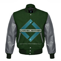 Unisex Letterman Varsity College Green Wool Jacket with Gray Real Leathe... - £68.59 GBP+