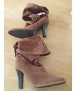 HOT IN HOLLYWOOD LADIES BROWN LEATHER SLOUCH BOOTS-9- 4&quot; HEEL/MIDCALF-UN... - £10.94 GBP