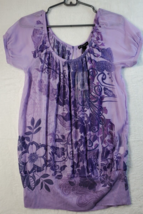 FANG Blouse Top Womens Medium Purple Floral Print 100% Polyester Short Sleeve - £14.38 GBP