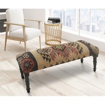 Wooden Bench for Living Room Wool Jute Kilim Bench for entryway Fabric upholster - £330.09 GBP