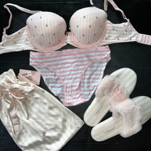 Victoria&#39;s Secret 32DDD Bra Set Panty+Slippers White Pink Stripe Signature Body - £78.94 GBP