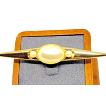 VTG Bar Statement Brooch Pin Faux Pearl 3&quot; Long Gold Tone Women Fashion Costume - £7.02 GBP