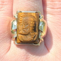 10k Gold Genuine Natural Tiger&#39;s Eye Men&#39;s Double Warrior Cameo Ring (#J6221) - £410.71 GBP