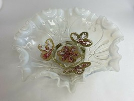 White Northwood Opalescent Glass Bridal Bowl Ruffles Footed Dish 8 1/2 x 3 1/2&quot;  - £18.68 GBP