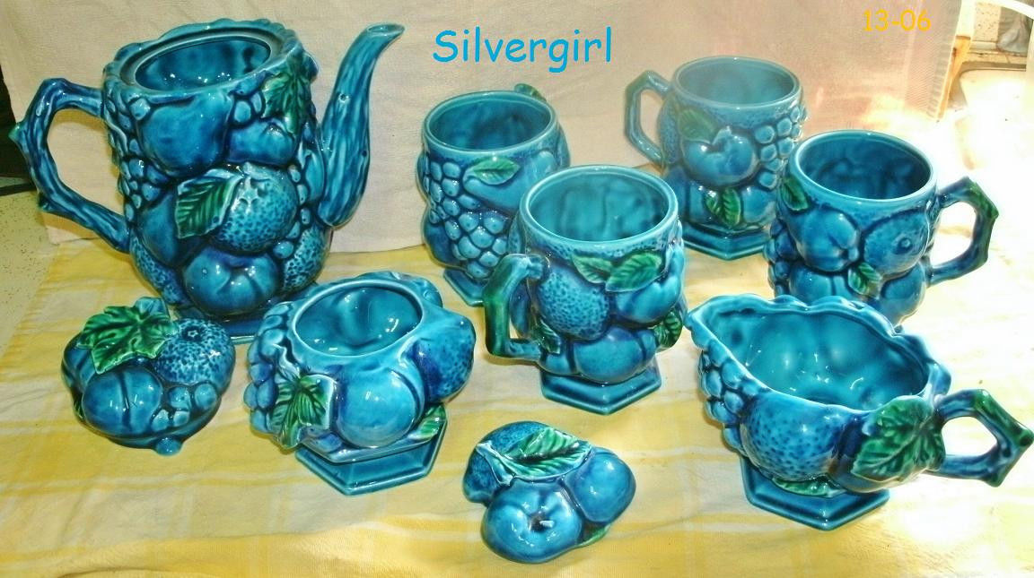 9 Pc Inarco Blue Mood Fruit Ceramic Coffee Tea Pot Creamer Sugar Bowl Mug Set - $75.00