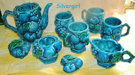 9 Pc Inarco Blue Mood Fruit Ceramic Coffee Tea Pot Creamer Sugar Bowl Mug Set - £59.81 GBP