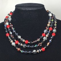 Vintage Japan Red Black Gray AB Triple 3 Strand Necklace - Mixed Beads - $26.00