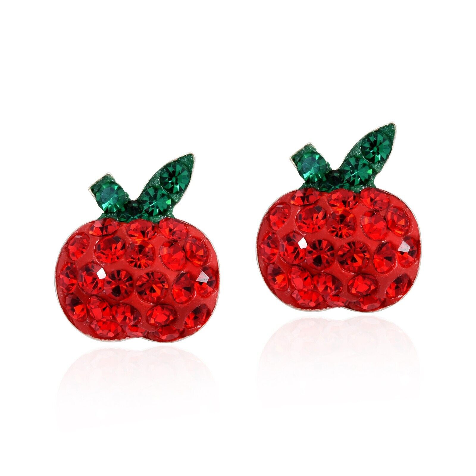 Plump Sweet Red Apple Cubic Zirconia Sterling Silver Stud Earrings - $15.34