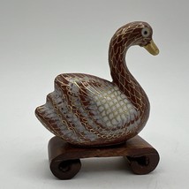 Small Orange White Gold Cloisonne Swan Figurine Wood Pedestal 2.5&quot; - £14.45 GBP