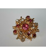 Coro Vintage Gold Tone Pink &amp; Clear Crystal Brooch Pin J331 - £14.38 GBP