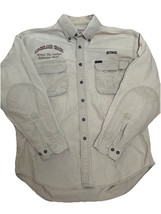Woolrich STIHL Work Shirt Large Beige Lumberjack Shack Distressed Outdoor - $29.65
