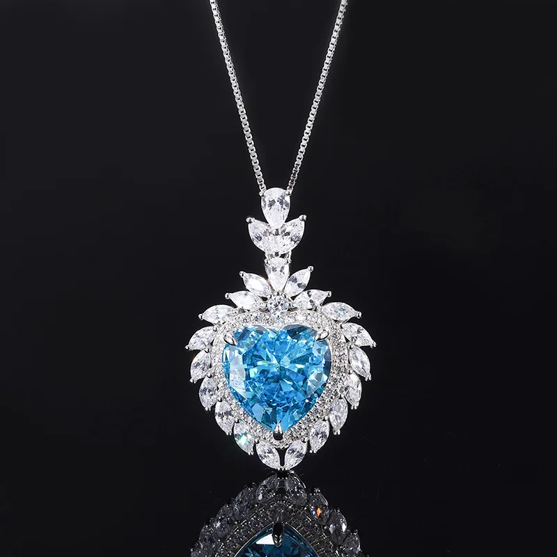 S925 Sterling Silver High Carbon Diamond Heart Shape Sea Blue Necklace Ring Set  - £132.46 GBP