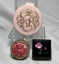 Vtg  Lot of 3 Compacts Trinket Pill Box Rose Floral Goldtone Pink Stone Tussy - £23.94 GBP