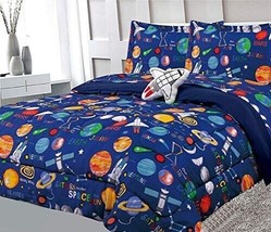 Twin Bed Navy Blue Orange Green Space Planets Rocket Plush 6 pc Comforter Set - £129.32 GBP