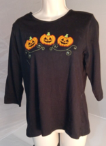 CORAL BAY Plus Halloween Fall Pumpkins Sequins Beaded ~ Short Sleeve Black ~ s - £9.03 GBP