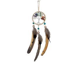 Tree of Life Small Dream Catcher Chakra Chip Stone Natural Feather Dangle Hangin - £17.02 GBP